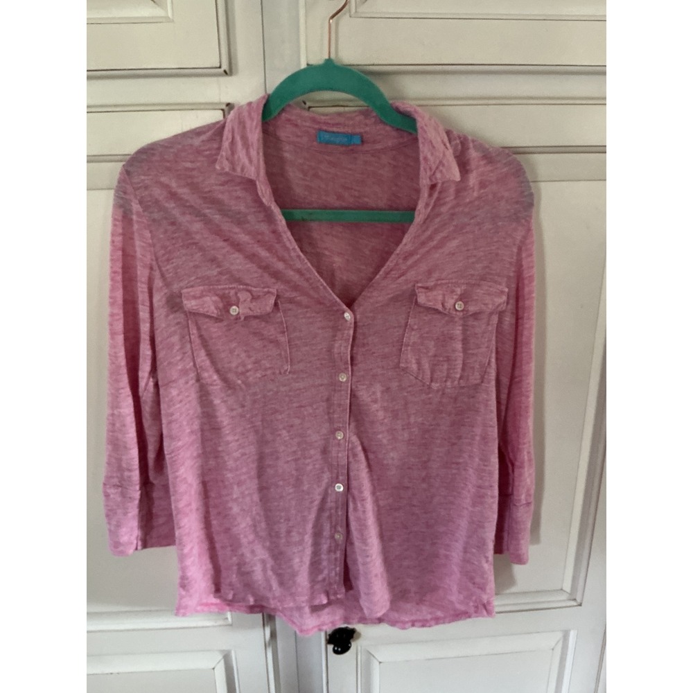 J.McLaughlin Pink Space Dye Slub Knit Button Down Shirt 3/4 Sleeve Large
